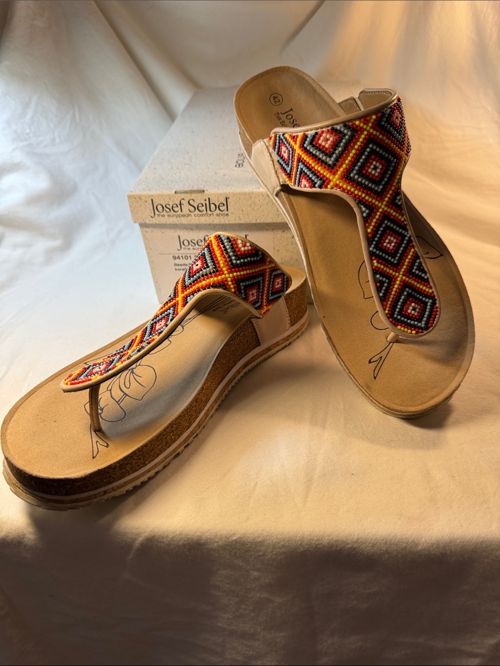 Josef Seibel Women's Beaded Thong Sandals in Red, Yellow, Blue, Black and White